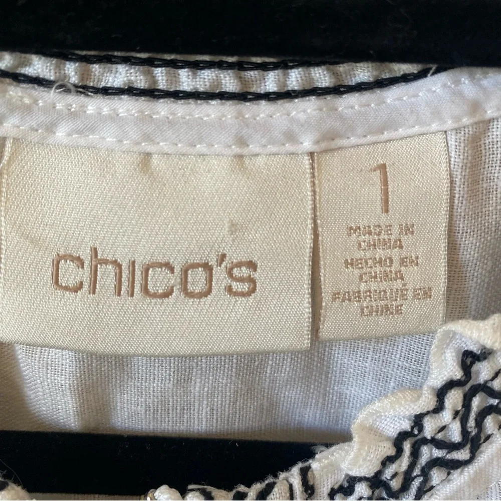 Chicos White Black Linen Embroidered Floral Jacket Zip-up Elbow Sleeves medium